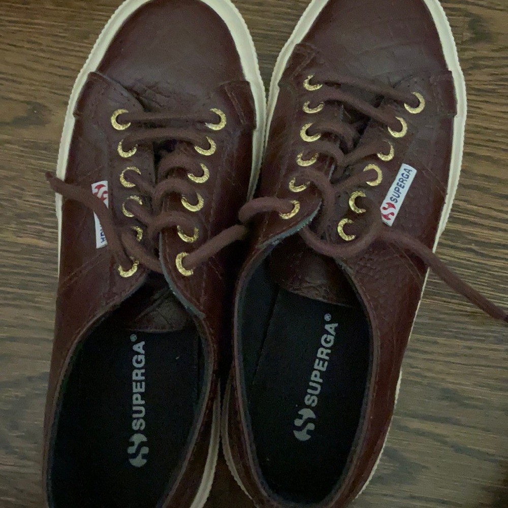 Brown leather superga shoes